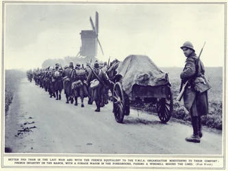 Fanteria francese in marcia, con un carro foraggio in primo piano, da The Illustrated War News, pubblicato il 22 novembre 1939
